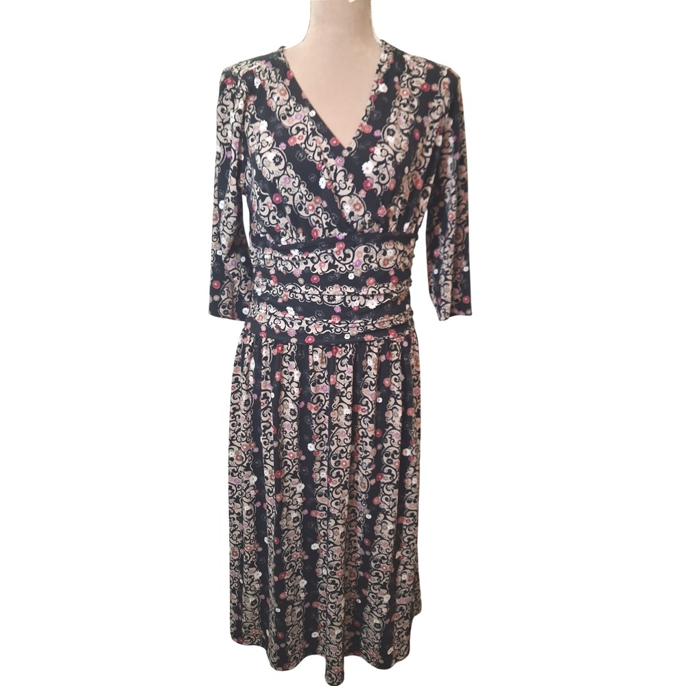 Alfani Womens Medium Black Floral Paisley Faux Wrap Midi Dress 3/4 Sleeve